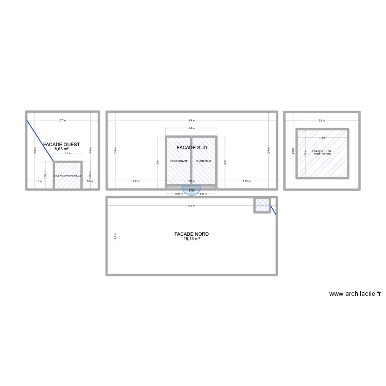 façades. Plan de 10 pièces et 56 m2