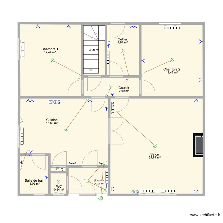 Plan aux côtes RG technique. Plan de 11 pièces et 83 m2