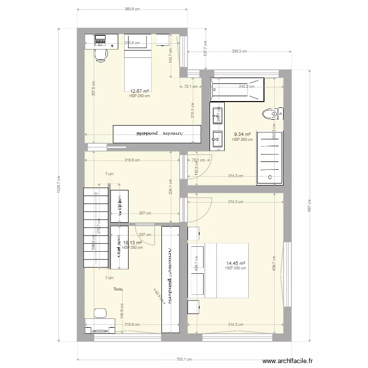 Etage sans annexe avec surfaces et cotation salle de bain V2. Plan de 
