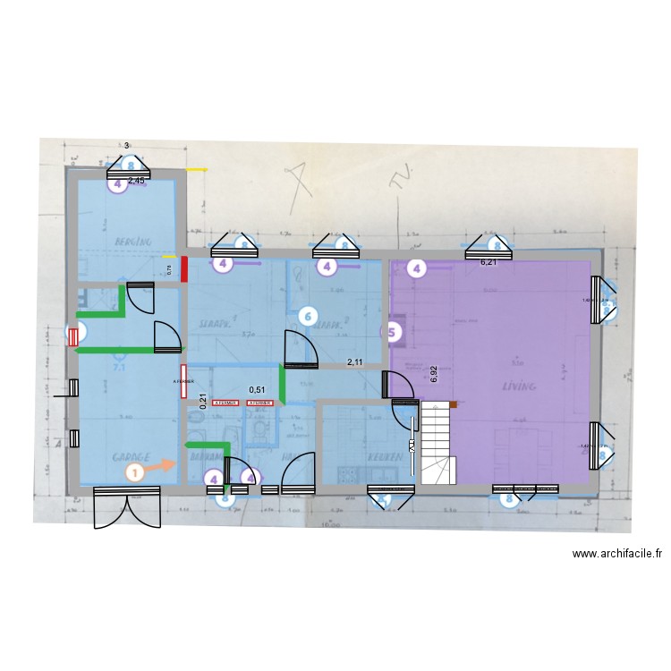 Projet changement cuisine et buanderie avec salle tv V3. Plan de 6 pièces et 3 m2