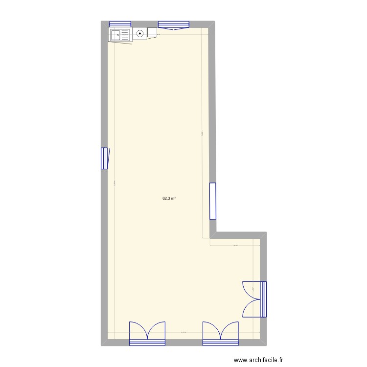 Pièce à vivre. Plan de 1 pièce et 62 m2