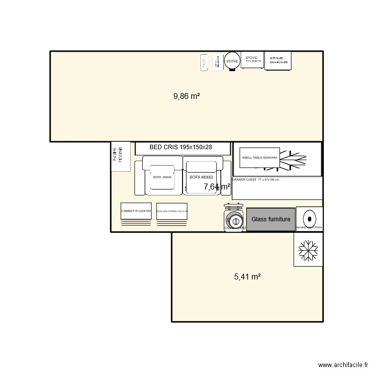 FOURGON. Plan de 3 pièces et 23 m2