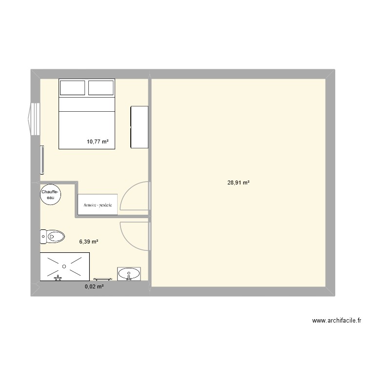 Plan Cuisine, SDB et chambre. Plan de 4 pièces et 46 m2