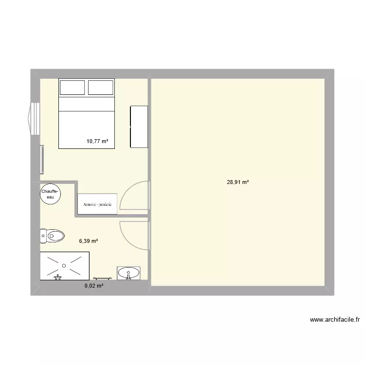 Plan Cuisine, SDB et chambre. Plan de 4 pièces et 46 m²