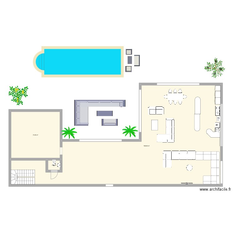 Rdc. Plan de 3 pièces et 202 m2