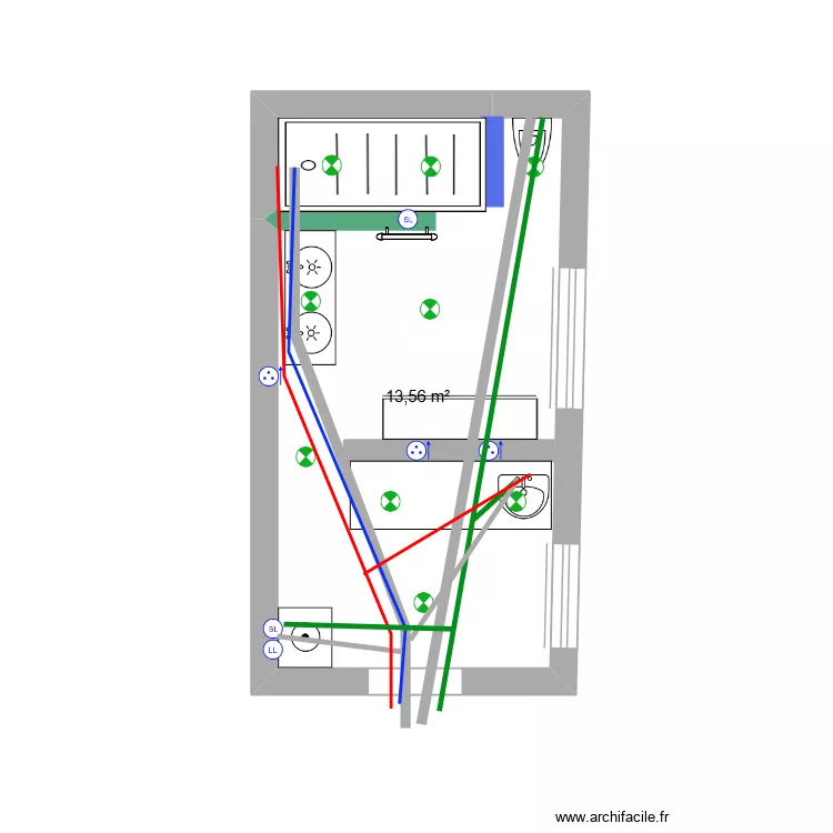 sdb. Plan de 1  et 14 m²