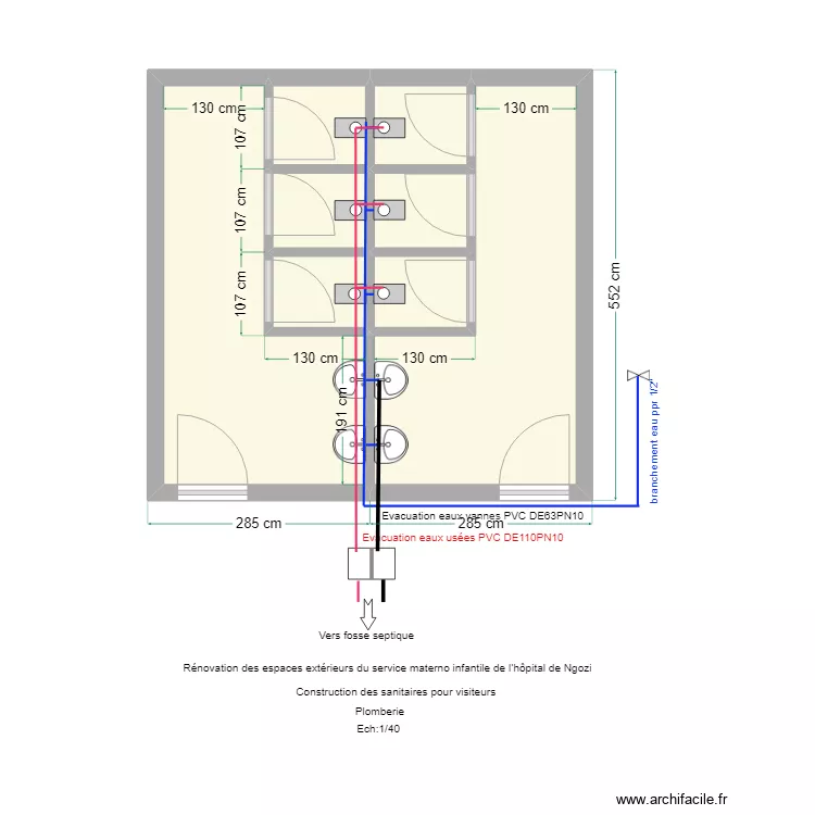toilettes visiteurs plomberie. Plan de 