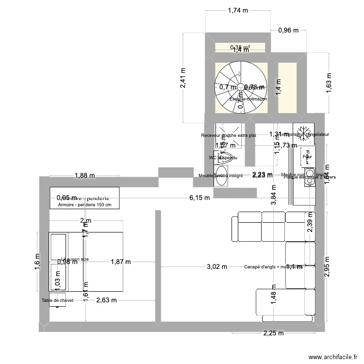 plan original. Plan de 2 pièces et 3 m2
