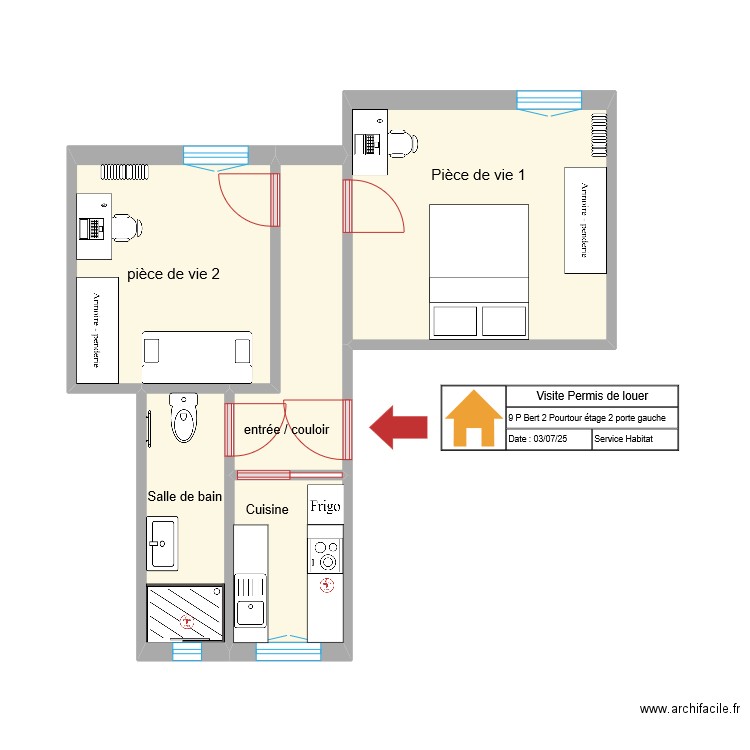 plan 9 P Bert 2 Pourtour étage 2 porte gauche. Plan de 5 pièces et 32 m2