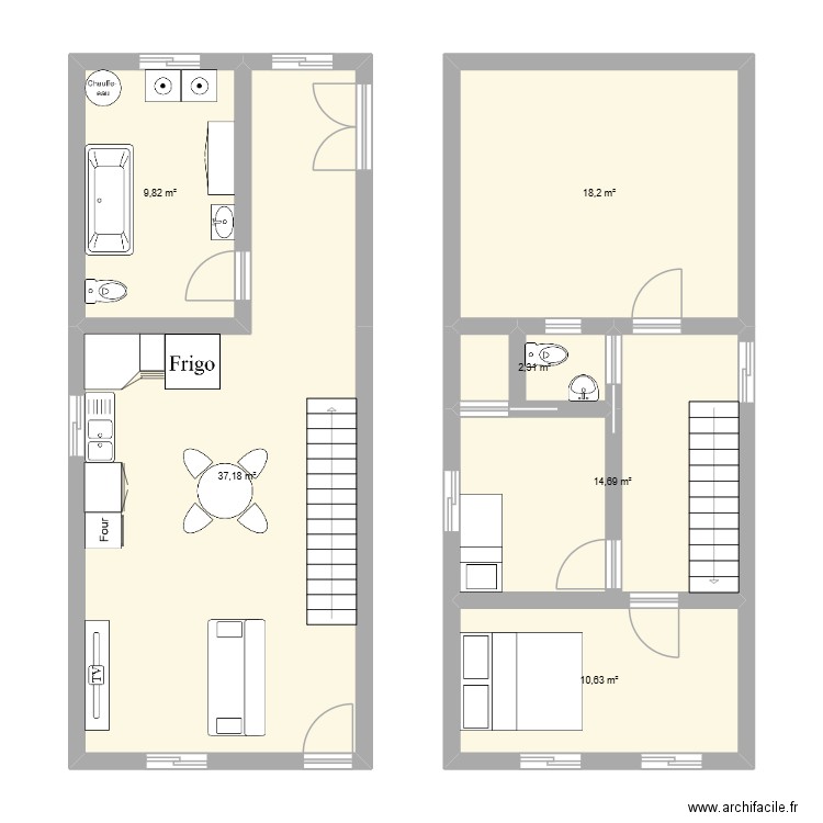 appartement à deux étages. Plan de 6 pièces et 93 m2