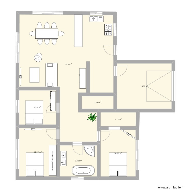 Yyuu. Plan de 8 pièces et 111 m2