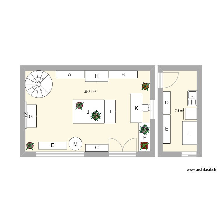 Agencement du magasin. Plan de 2 pièces et 34 m2