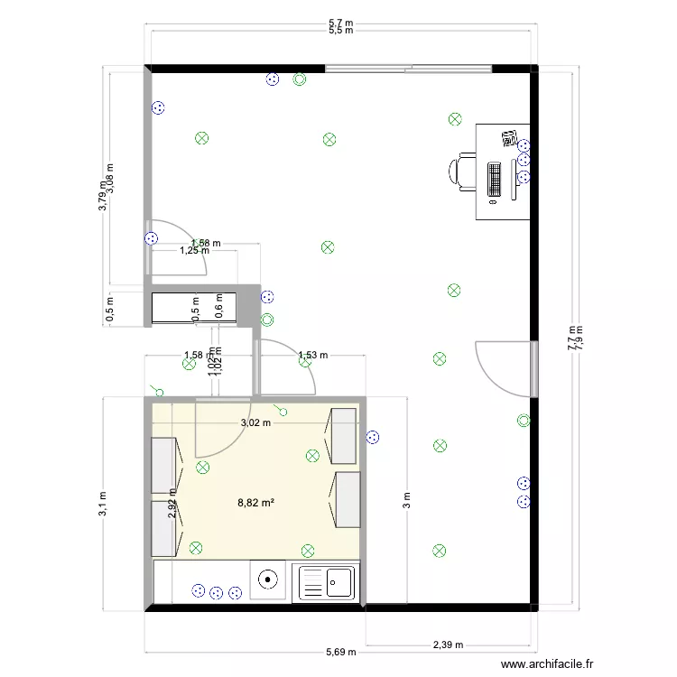 Bureau 2. Plan de 1  et 9 m²