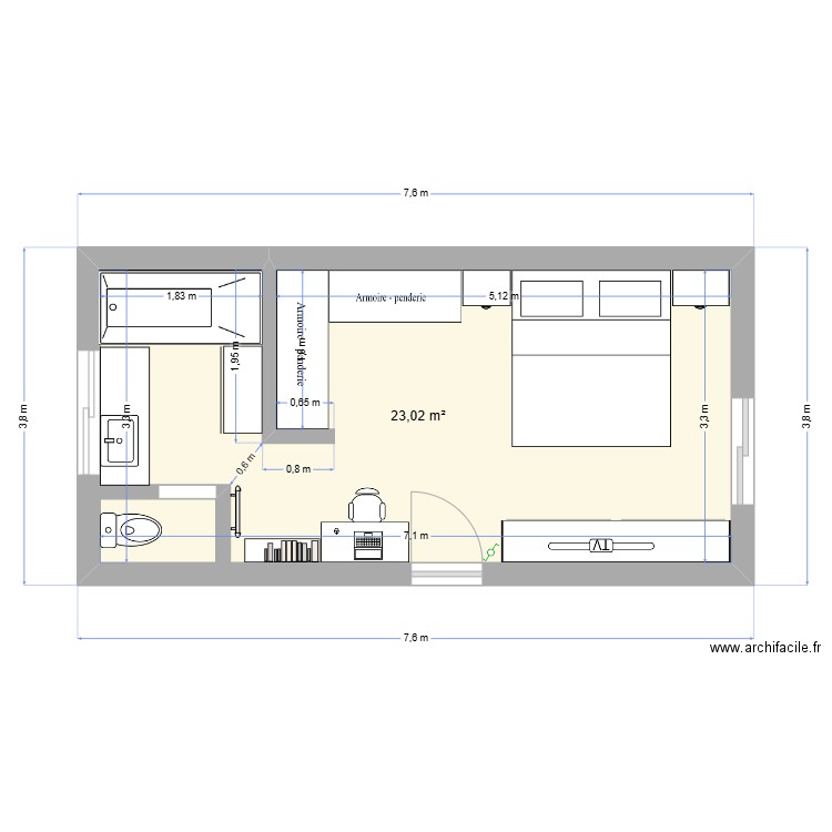 surélévation vue en plan V2. Plan de 1 pièce et 23 m2