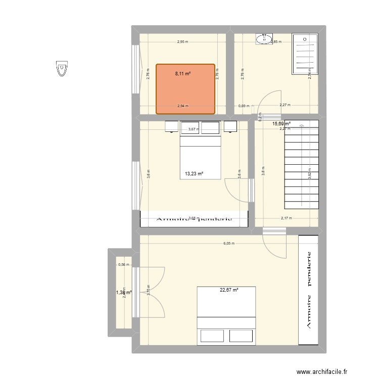 Etage Bussière V4. Plan de 5 pièces et 61 m2