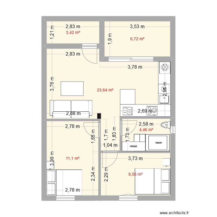 appart. Plan de 6 pièces et 58 m2