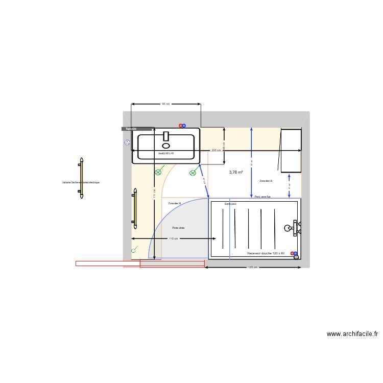 SDB Rossan_V110x80 à droite. Plan de 1 pièce et 4 m2