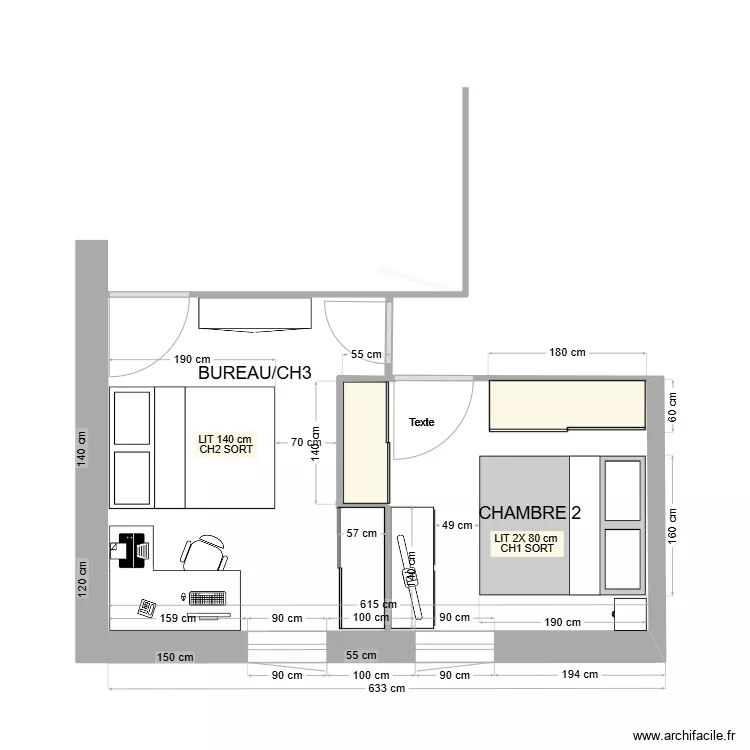 BUREAU en CH2 & CH3 version LIT 140 cm. Plan de 