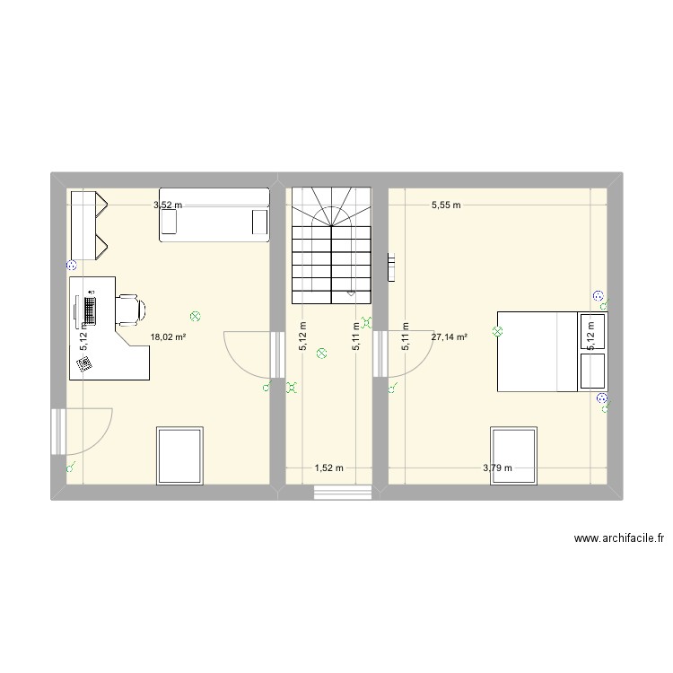 Comble. Plan de 2 pièces et 45 m2