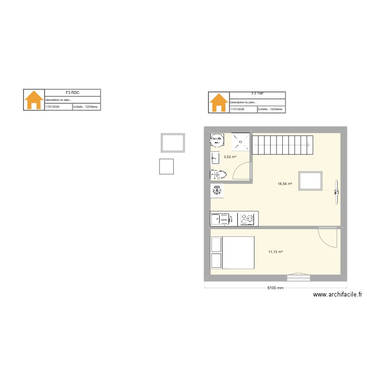 Mezy F2 cote parking. Plan de 3 pièces et 33 m2