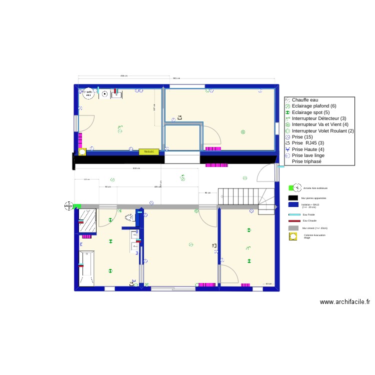 RDC_impl_Elec_Plomberie. Plan de 4 pièces et 66 m2