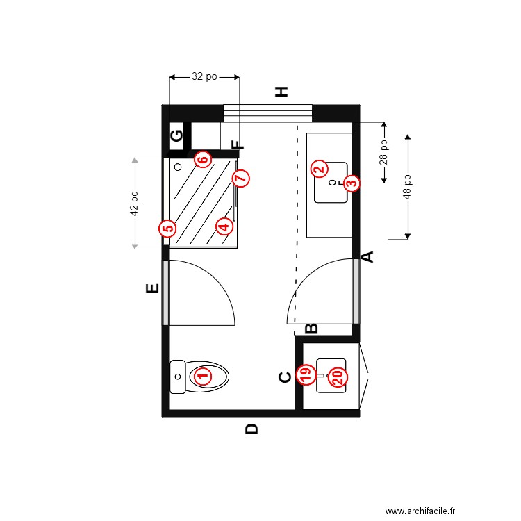 Collard sdb Plomberie. Plan de 1 pièce et 7 m2