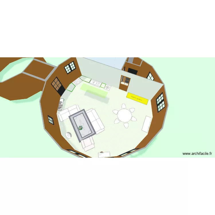 yourte de vie + chambre (toile). Plan de 4  et 55 m²