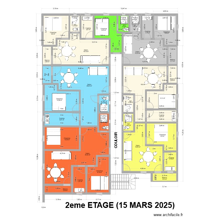 2EME ETAGE 15 MARS 2025. Plan de 33 pièces et 251 m2