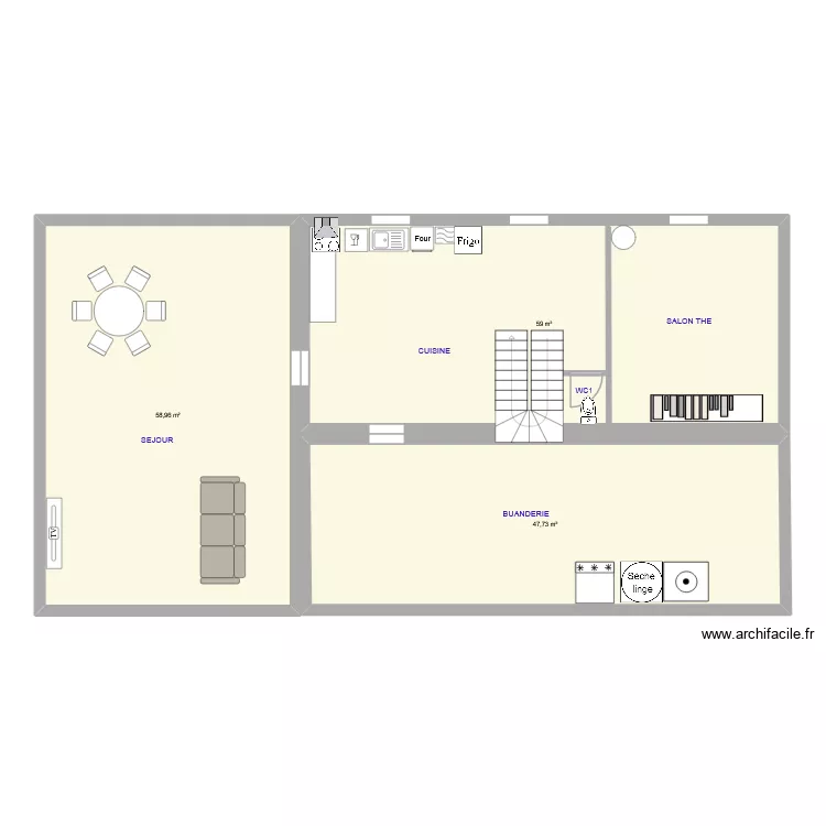 RDC. Plan de 3 Pièces et 166 m²