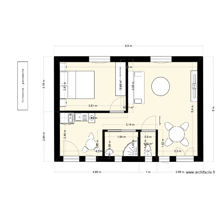 rêve 3. Plan de 2 pièces et 41 m2