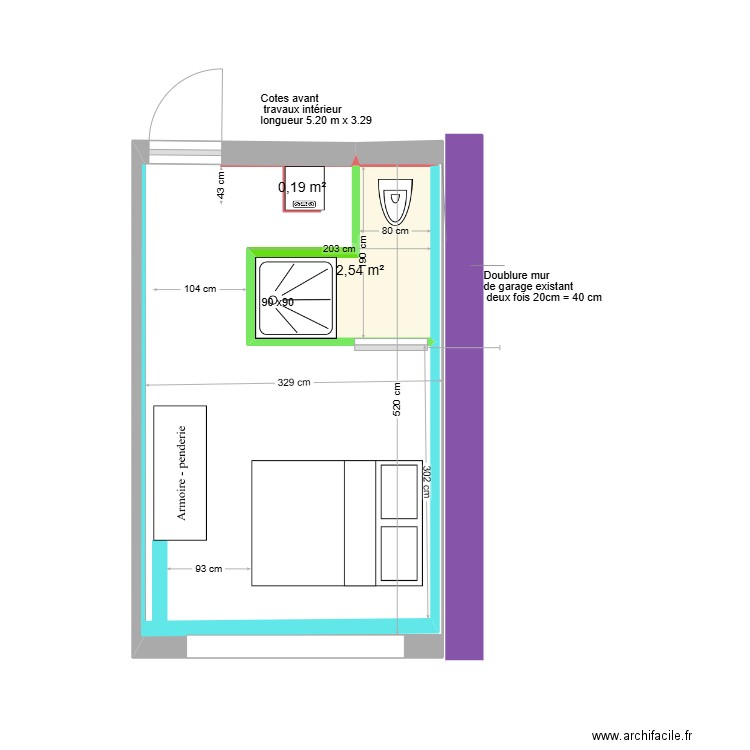aménagement garage en chambre. Plan de 2 pièces et 3 m2