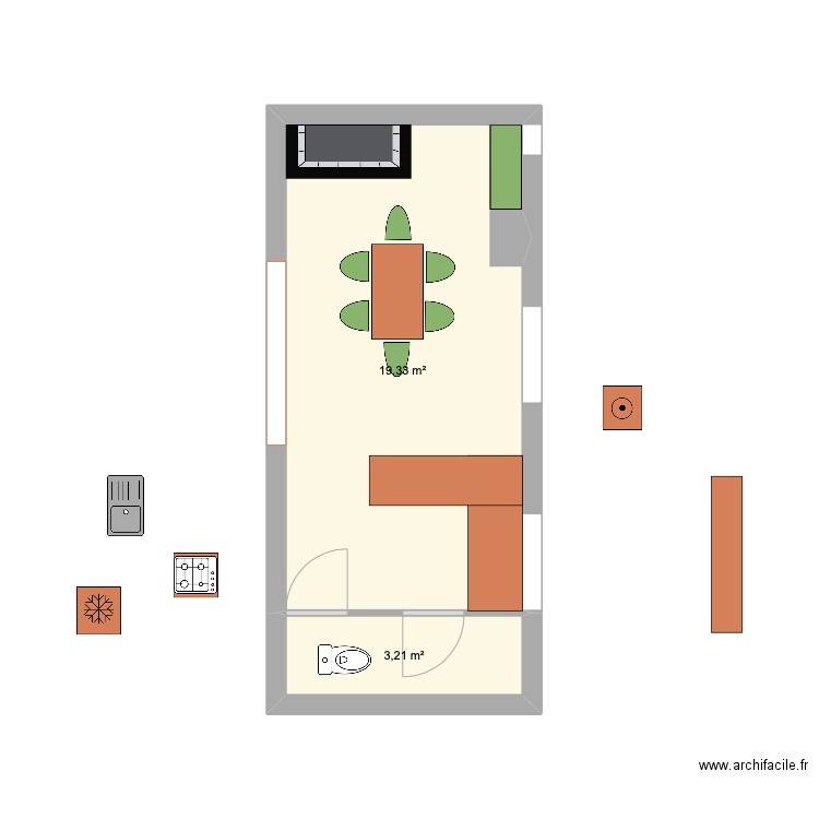 RDC cuisine Casa Aqui version 1. Plan de 2 pièces et 23 m2
