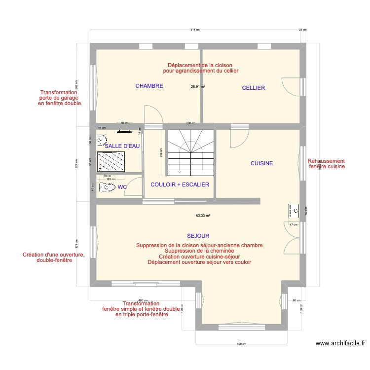 Rez de chaussée bis. Plan de 2 pièces et 92 m2