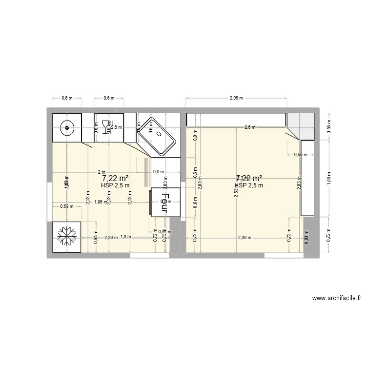 CUISINE KENZA. Plan de 2 pièces et 16 m2