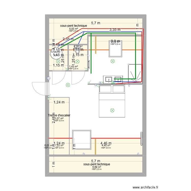 HUGUENIN. Plan de 9 pièces et 28 m2