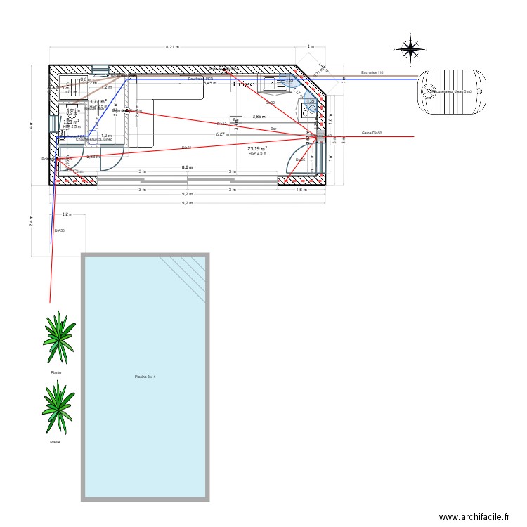 Baie 6 m. Plan de 3 pièces et 28 m2
