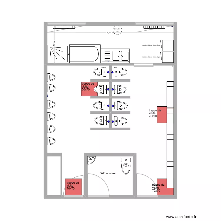 wc maternelle version on garde les petits cloisonnement. Plan de 3  et 35 m²