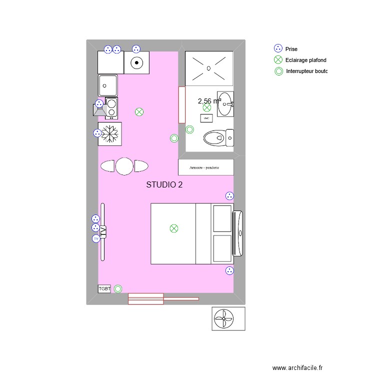 STUDIO 2 FINAL ROSE. Plan de 2 pièces et 17 m2
