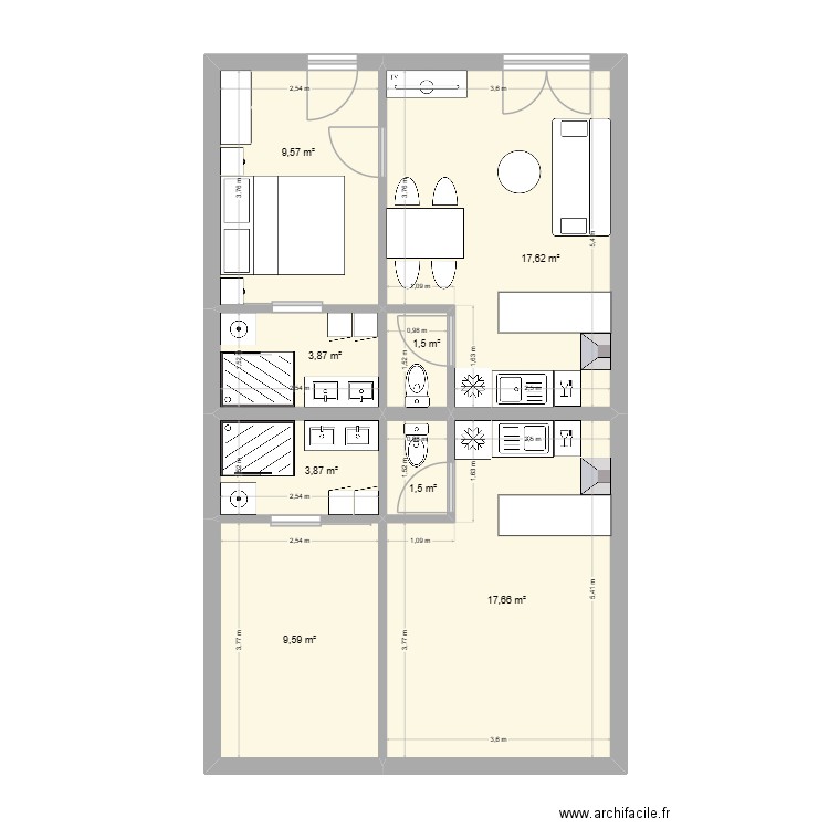 Projection 2 x T2. Plan de 8 pièces et 65 m2
