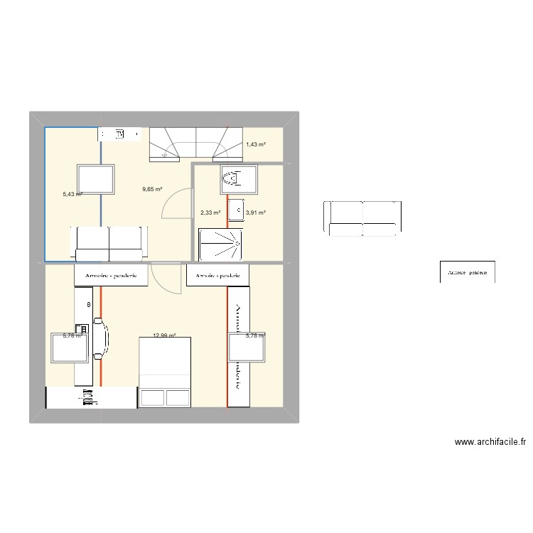 comble ss sdb. Plan de 8 pièces et 47 m2