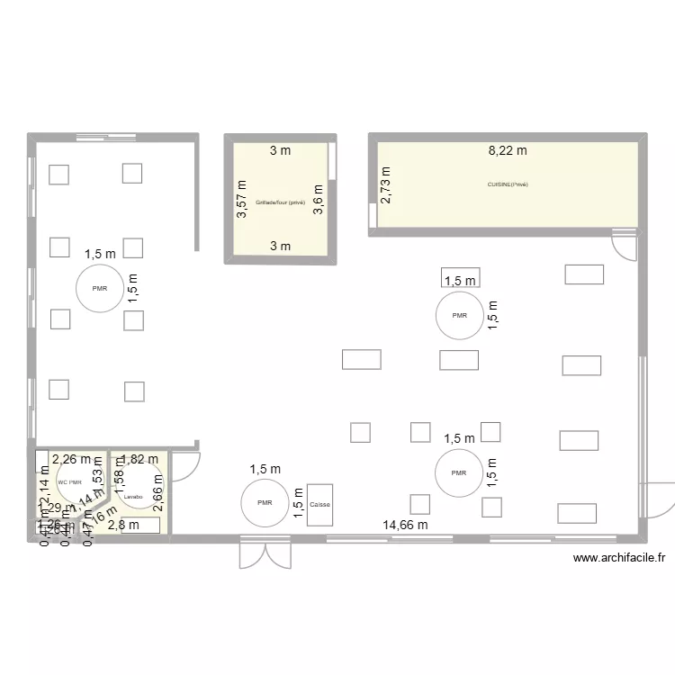 resto. Plan de 5  et 44 m²