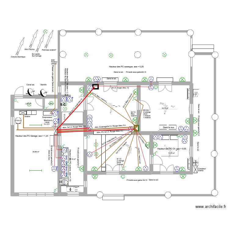 Electricité. boite séjour.. Plan de 6 pièces et 79 m2