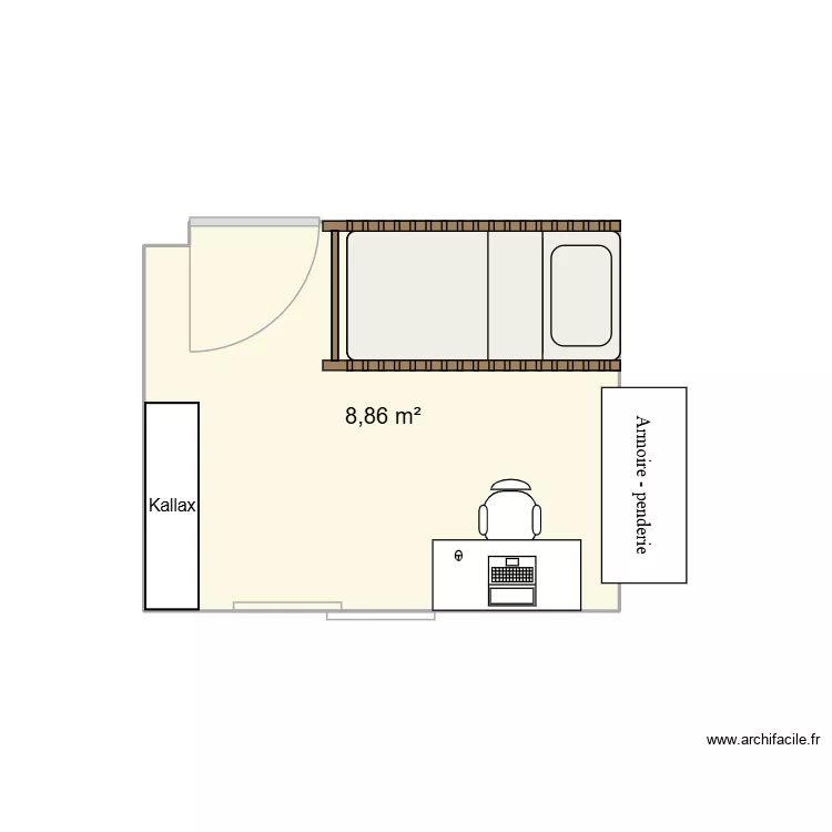 Chambre V. Plan de 1 Pièce et 9 m²