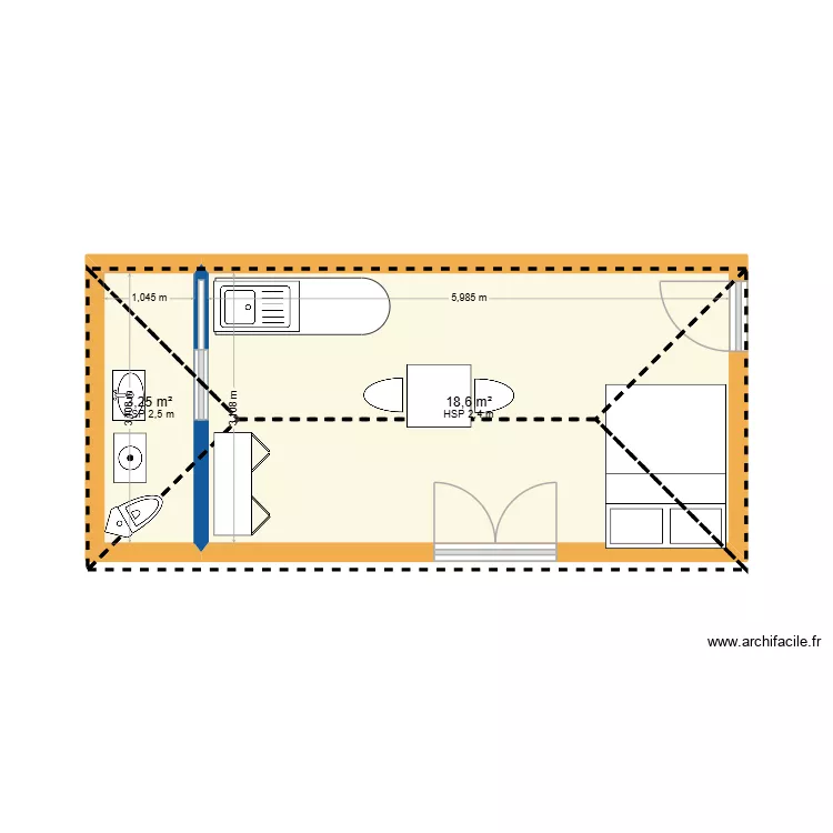 Atelier 2. Plan de 2 pièces et 22 m²