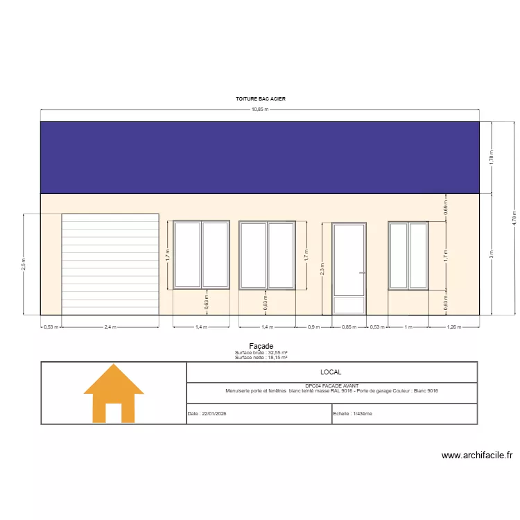 FACADE AVANT menuiserie blanche. Plan de 