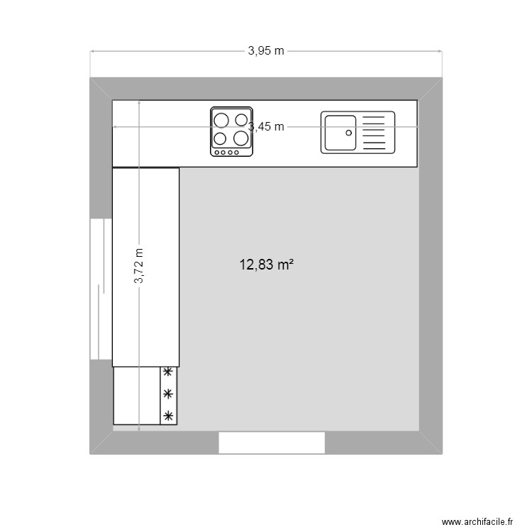 Cuisine. Plan de 1 pièce et 13 m2