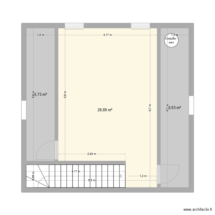 Sous sol. Plan de 3 pièces et 44 m2