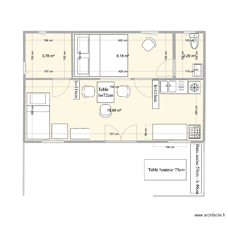 Version Saskia. Plan de 4 pièces et 34 m2