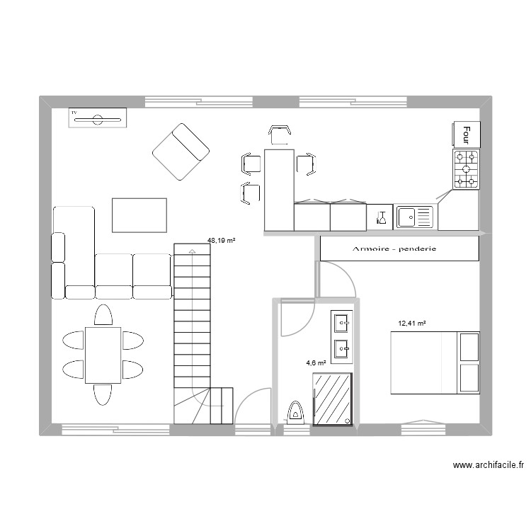 rdc. Plan de 3 pièces et 65 m2