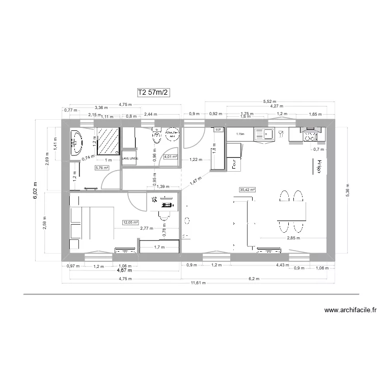 T2 long. Plan de 4  et 57 m²